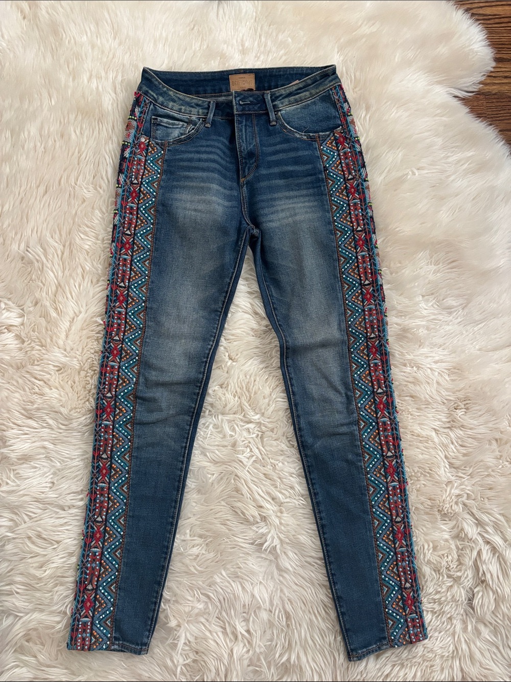 DRIFTWOOD Dark Blue Skinny Jeans with Embroidered Side Panels